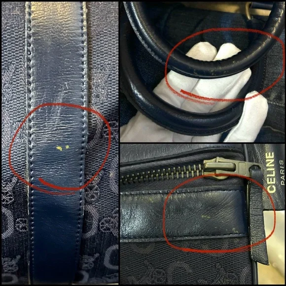 CELINE Authentic Vintage C Macadam Navy Blue Canvas Leather Trim Boston Bag Tote - Picture 16 of 17